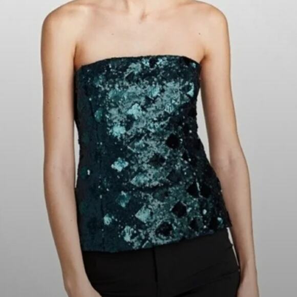 Zara Deep Emerald Green Strapless Sequins Top Shirt Size Small - Picture 1 of 8
